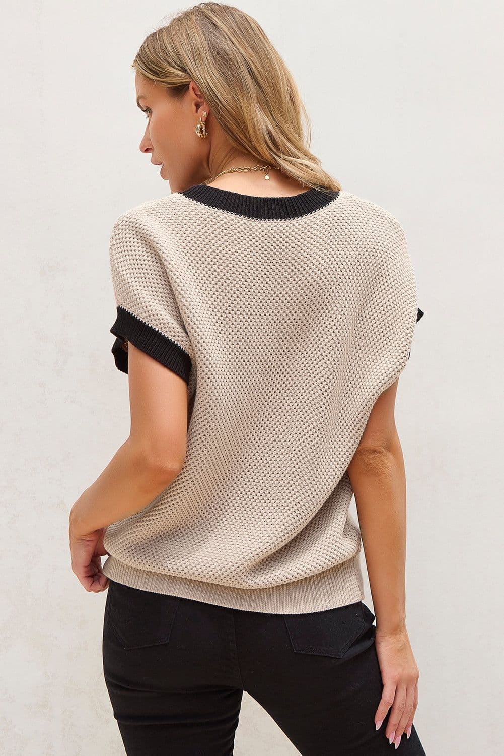image-Light French Beige Contrast Trim Round Neck Batwing Sleeve Sweater Top