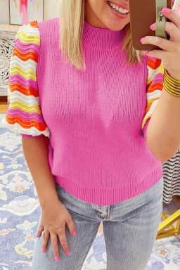 image-Pink Ribbed Knit Contrast Sleeve Sweater Top