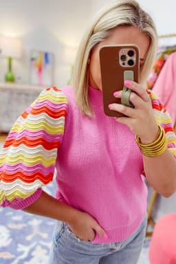 image-Pink Ribbed Knit Contrast Sleeve Sweater Top
