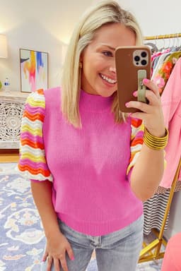 image-Pink Ribbed Knit Contrast Sleeve Sweater Top
