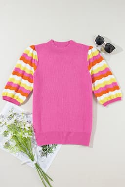 image-Pink Ribbed Knit Contrast Sleeve Sweater Top