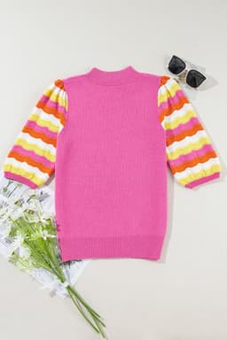 image-Pink Ribbed Knit Contrast Sleeve Sweater Top