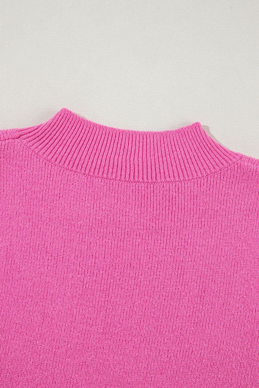 image-Pink Ribbed Knit Contrast Sleeve Sweater Top