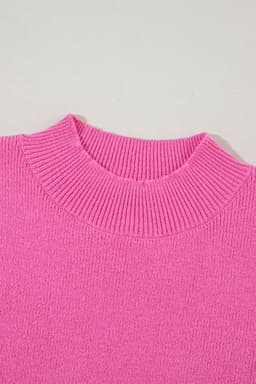 image-Pink Ribbed Knit Contrast Sleeve Sweater Top