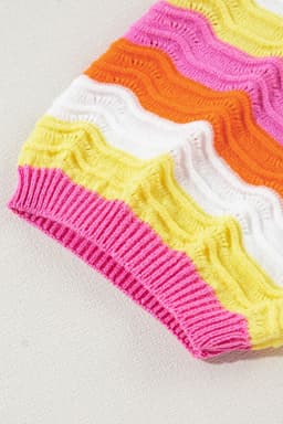 image-Pink Ribbed Knit Contrast Sleeve Sweater Top