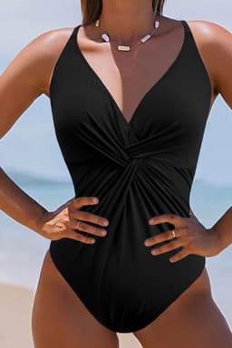 image-Dark Blue V Neck Twist Ruched Crisscross Backless One-Piece Swimsuit