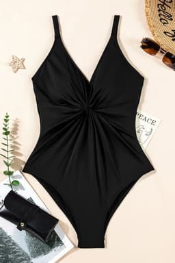 image-Dark Blue V Neck Twist Ruched Crisscross Backless One-Piece Swimsuit