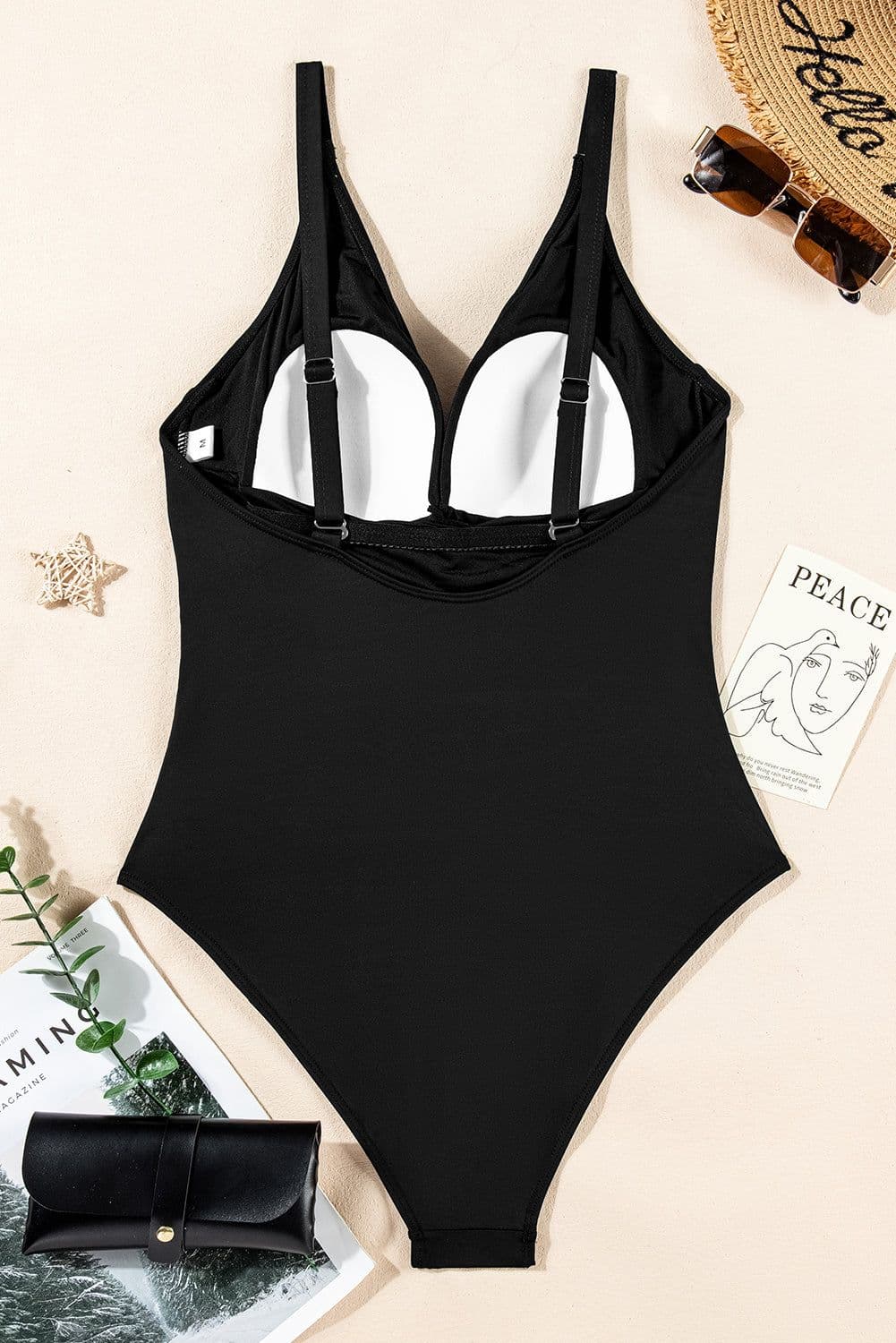image-Dark Blue V Neck Twist Ruched Crisscross Backless One-Piece Swimsuit