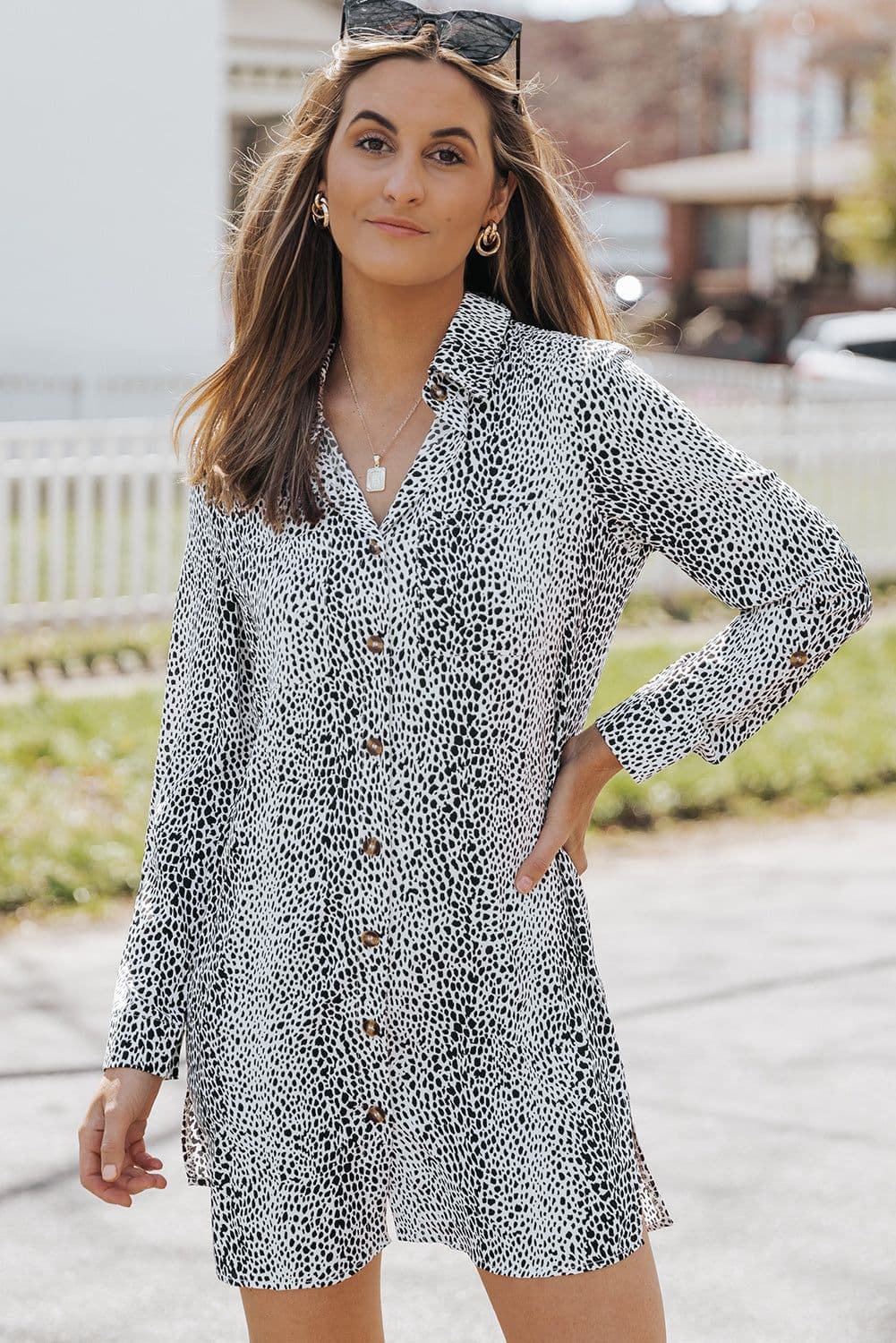 image-Long Sleeve Leopard Animal Print Shirt Dress