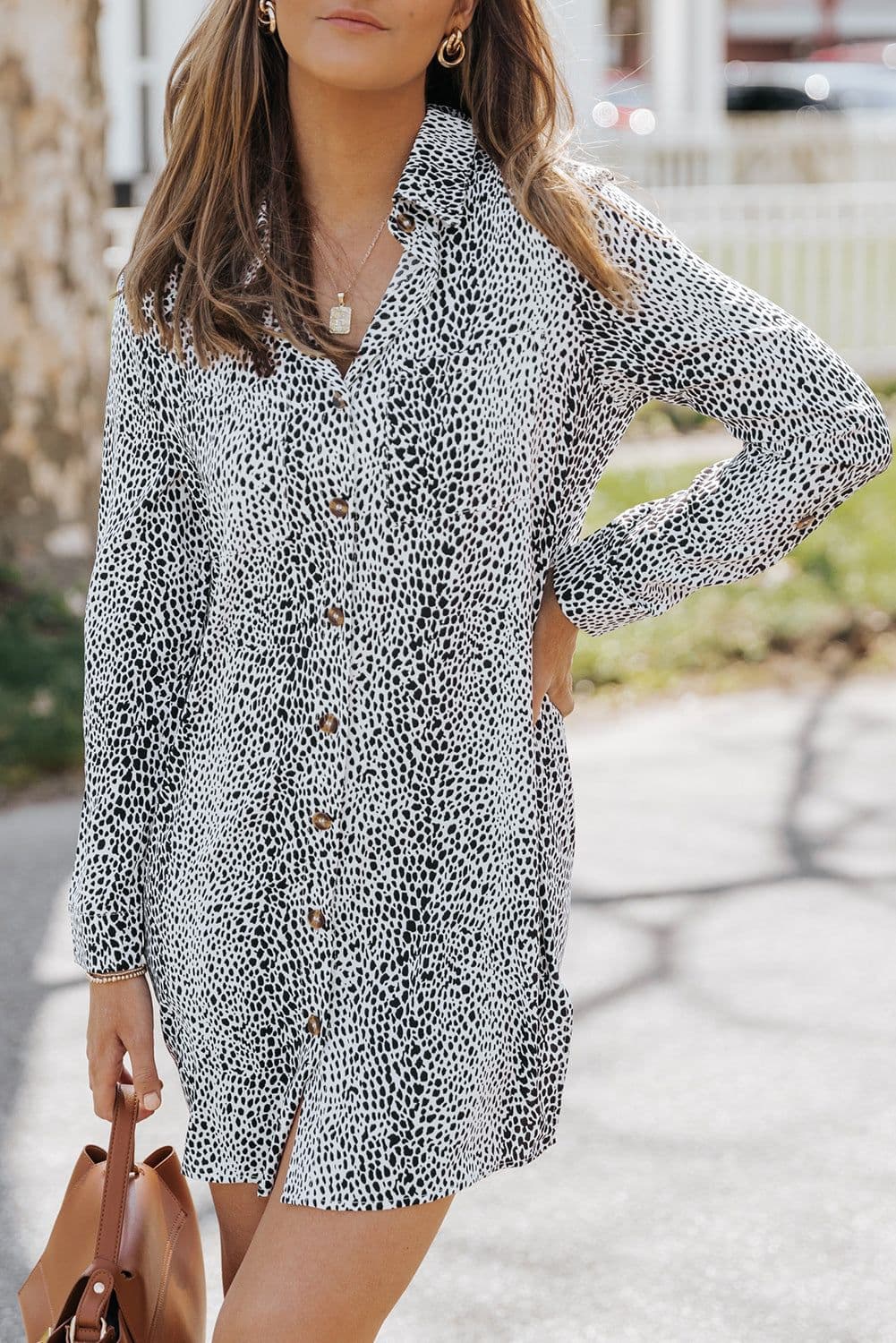 image-Long Sleeve Leopard Animal Print Shirt Dress
