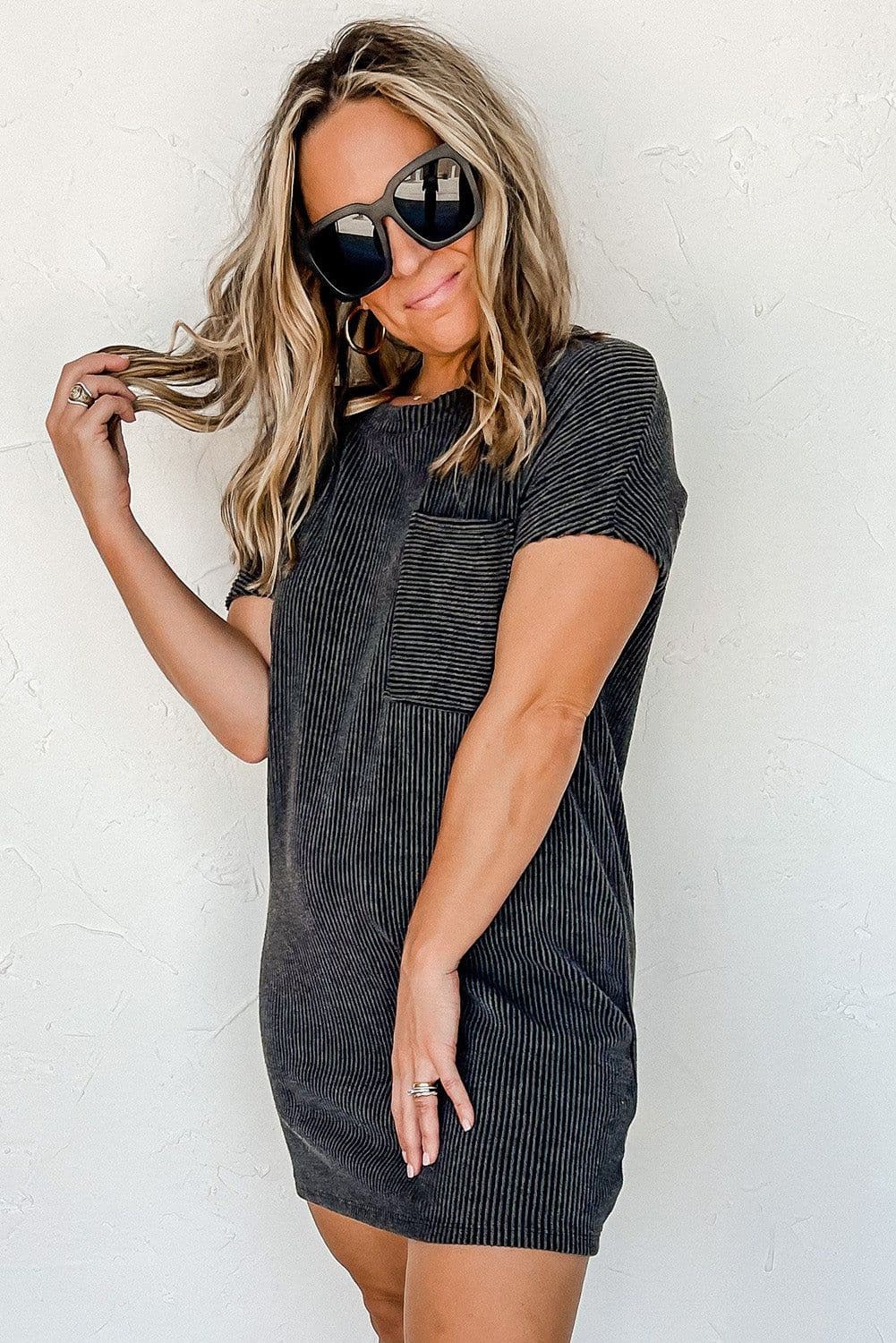 image-Blue Striped Ribbed Knit T-shirt Shift Dress
