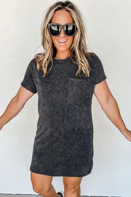 image-Blue Striped Ribbed Knit T-shirt Shift Dress
