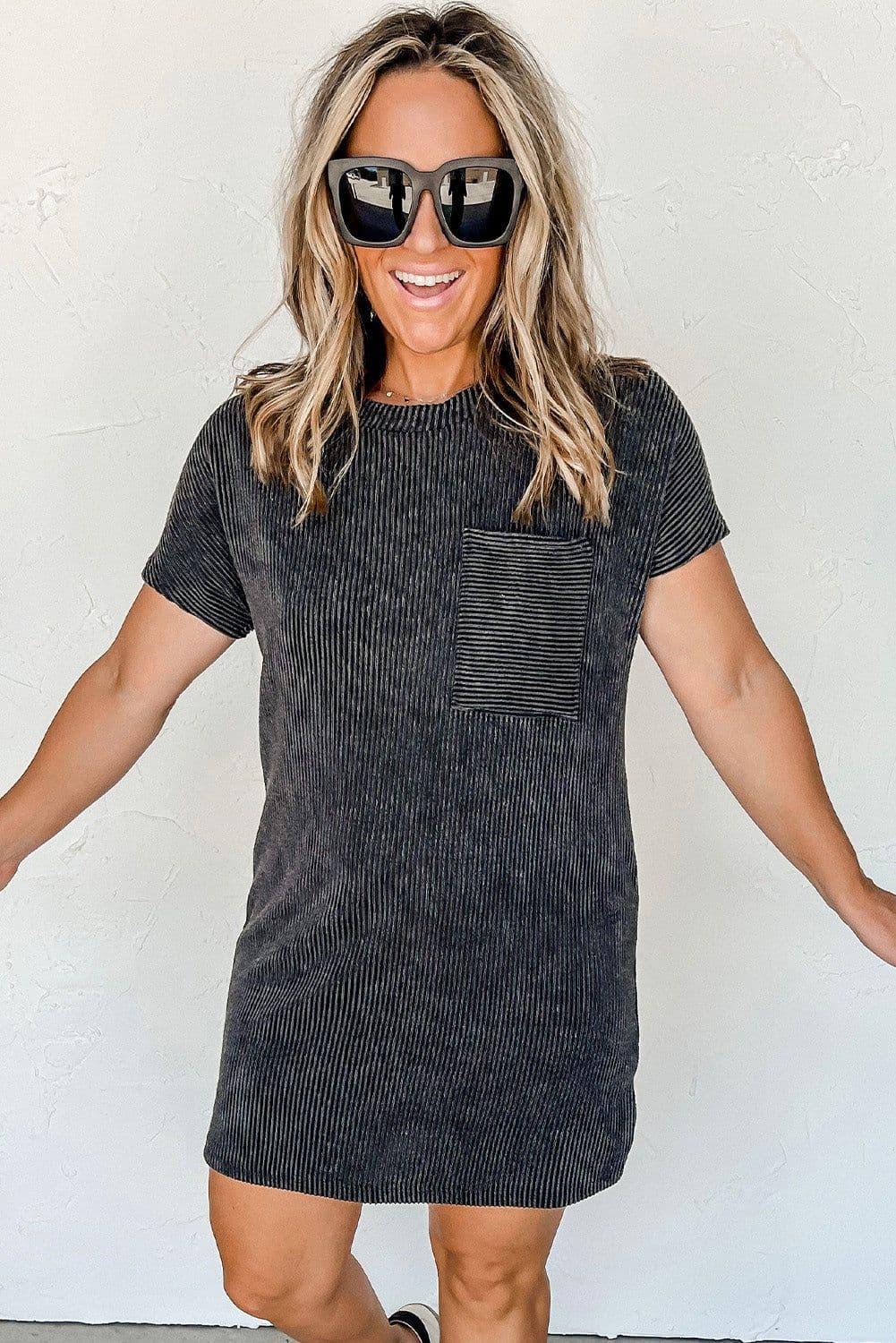 image-Blue Striped Ribbed Knit T-shirt Shift Dress