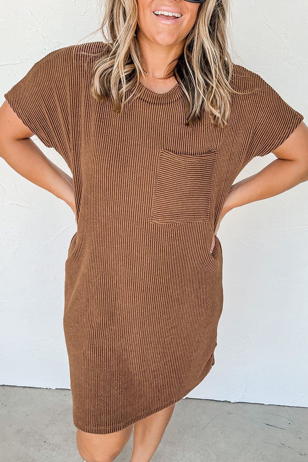 image-Blue Striped Ribbed Knit T-shirt Shift Dress