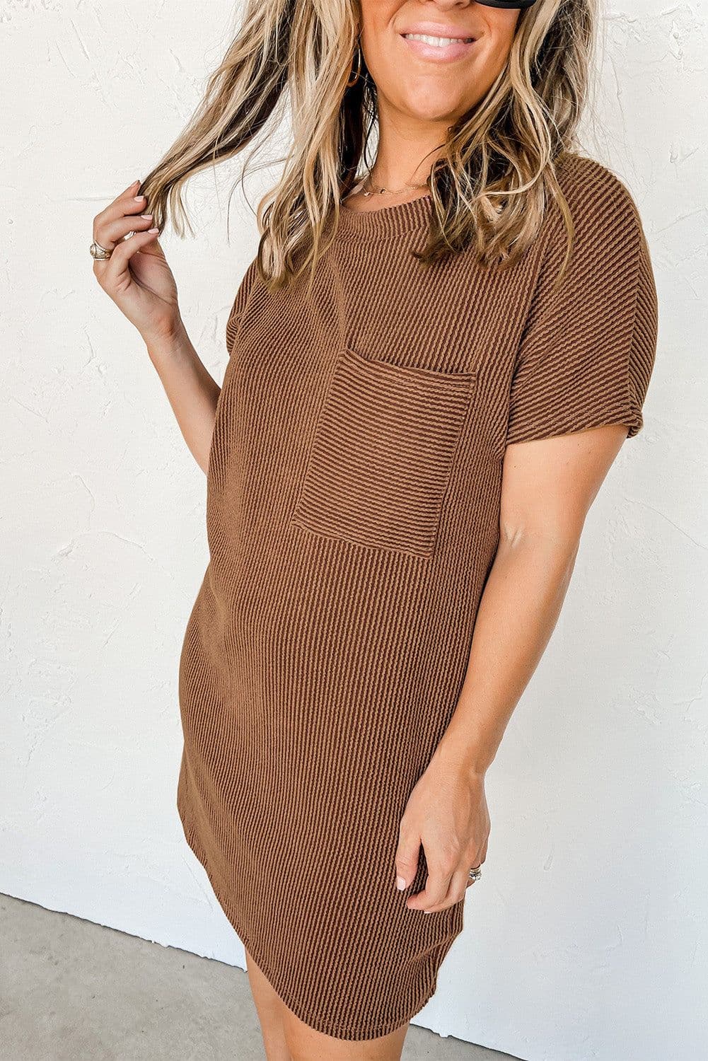 image-Blue Striped Ribbed Knit T-shirt Shift Dress