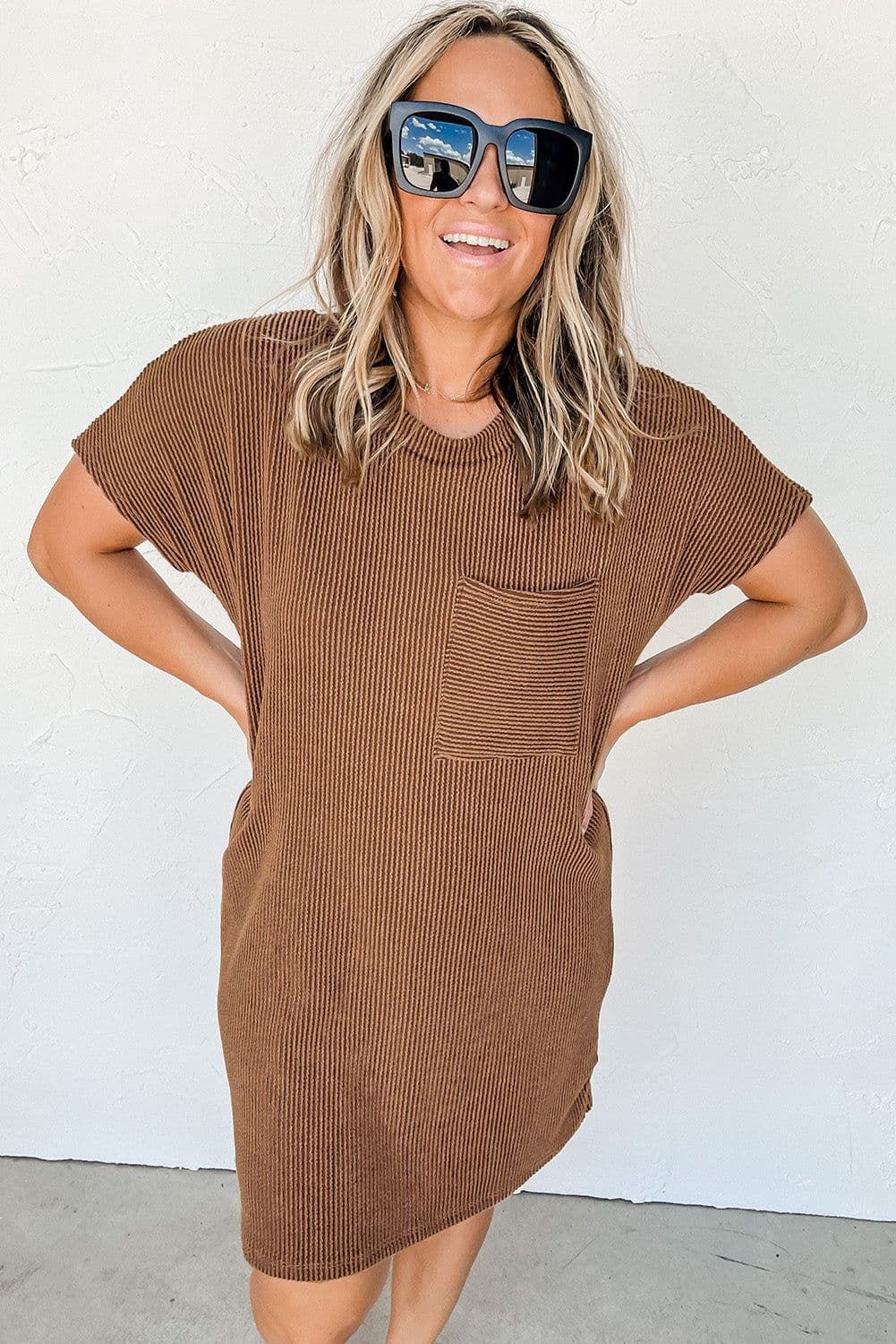 image-Blue Striped Ribbed Knit T-shirt Shift Dress