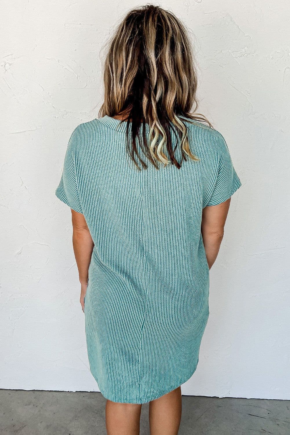 image-Blue Striped Ribbed Knit T-shirt Shift Dress
