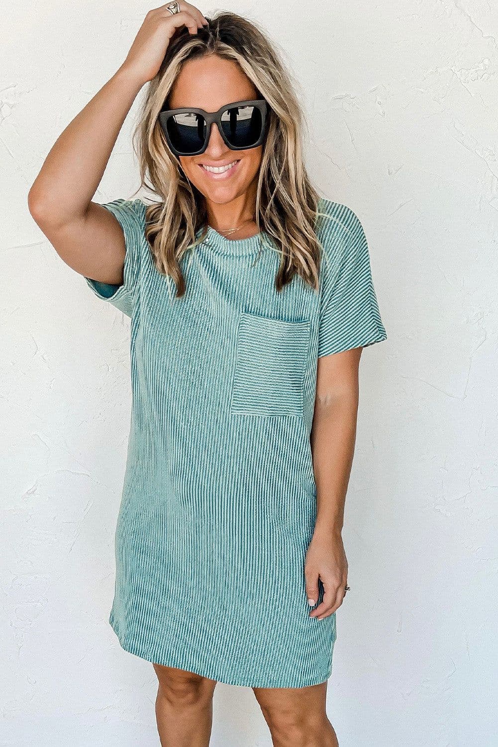 image-Blue Striped Ribbed Knit T-shirt Shift Dress