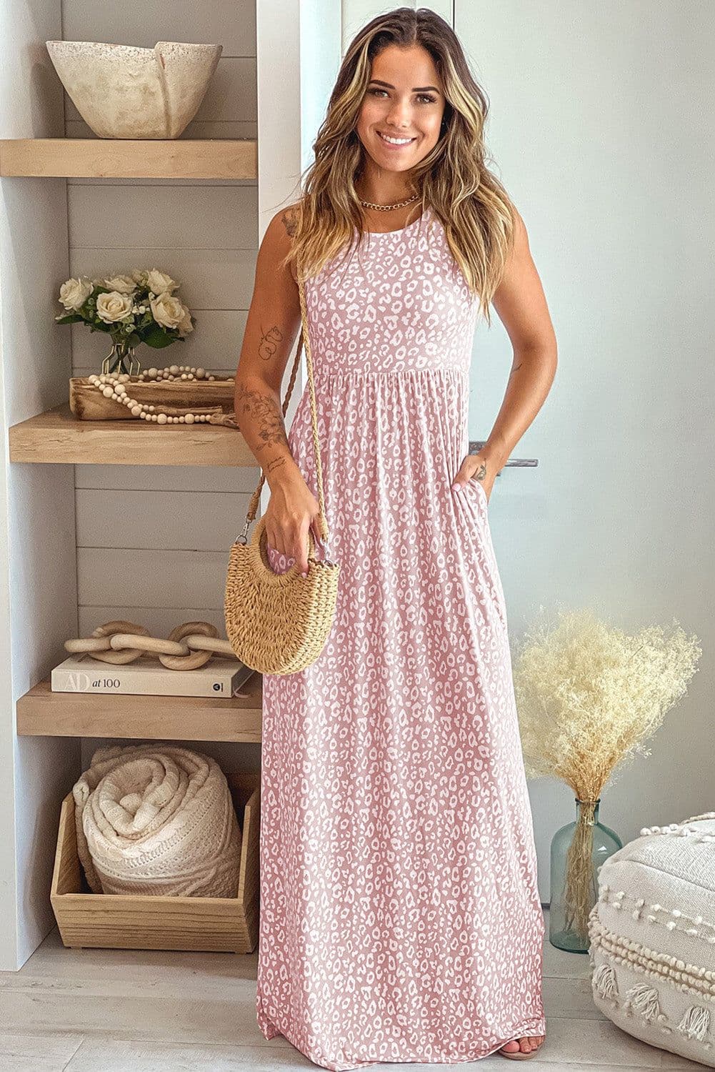 image-Pink Leopard Print Pocketed Sleeveless Maxi Dress