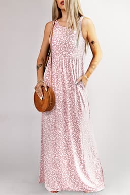 image-Pink Leopard Print Pocketed Sleeveless Maxi Dress