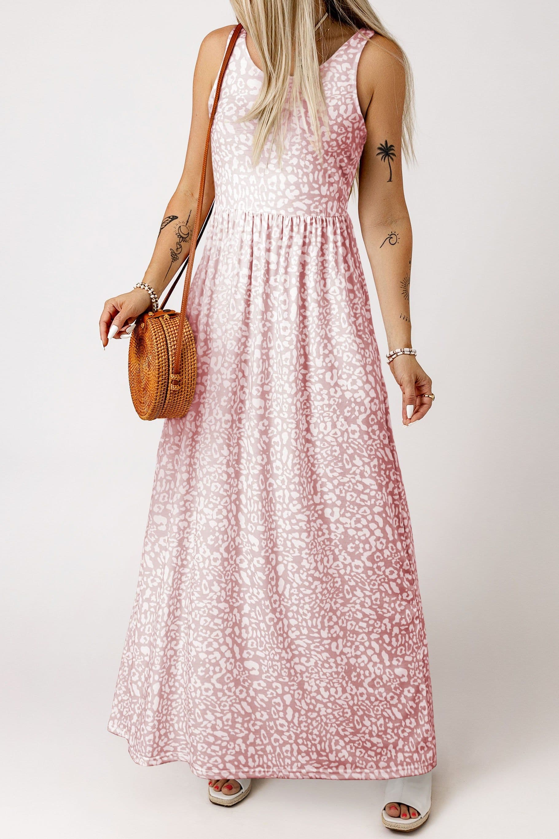 image-Pink Leopard Print Pocketed Sleeveless Maxi Dress