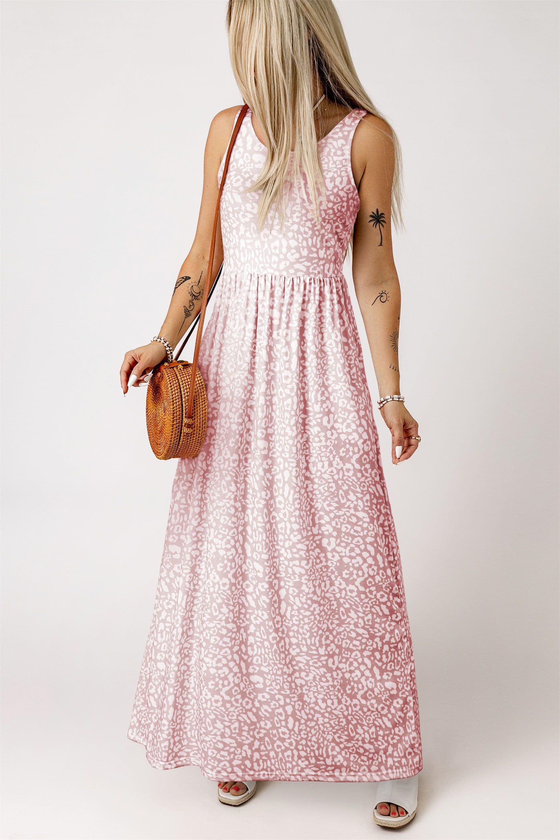 image-Pink Leopard Print Pocketed Sleeveless Maxi Dress