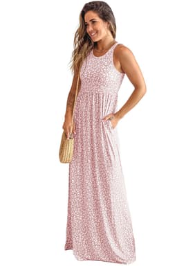 image-Pink Leopard Print Pocketed Sleeveless Maxi Dress