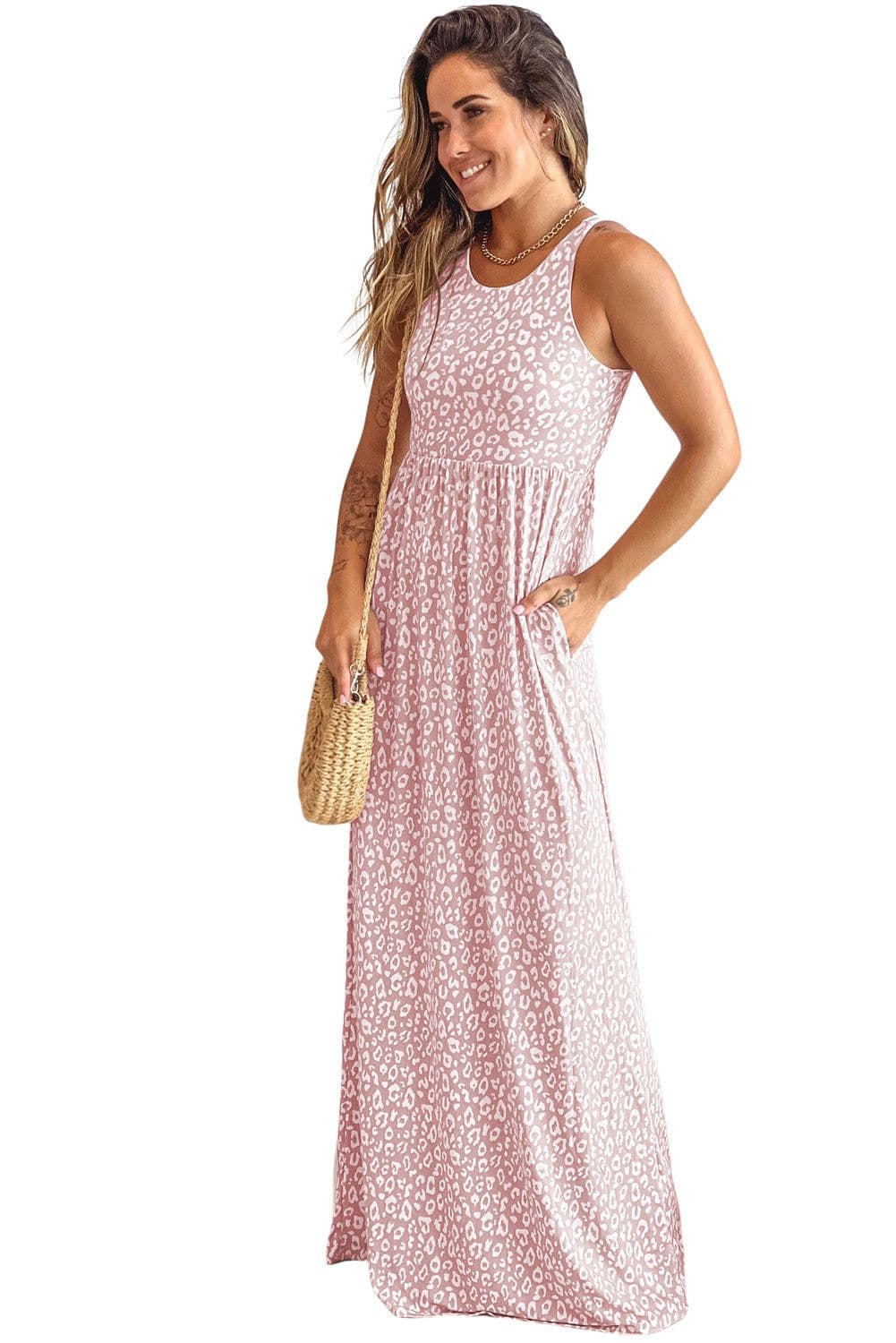 image-Pink Leopard Print Pocketed Sleeveless Maxi Dress