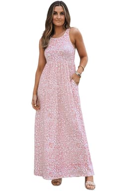 image-Pink Leopard Print Pocketed Sleeveless Maxi Dress