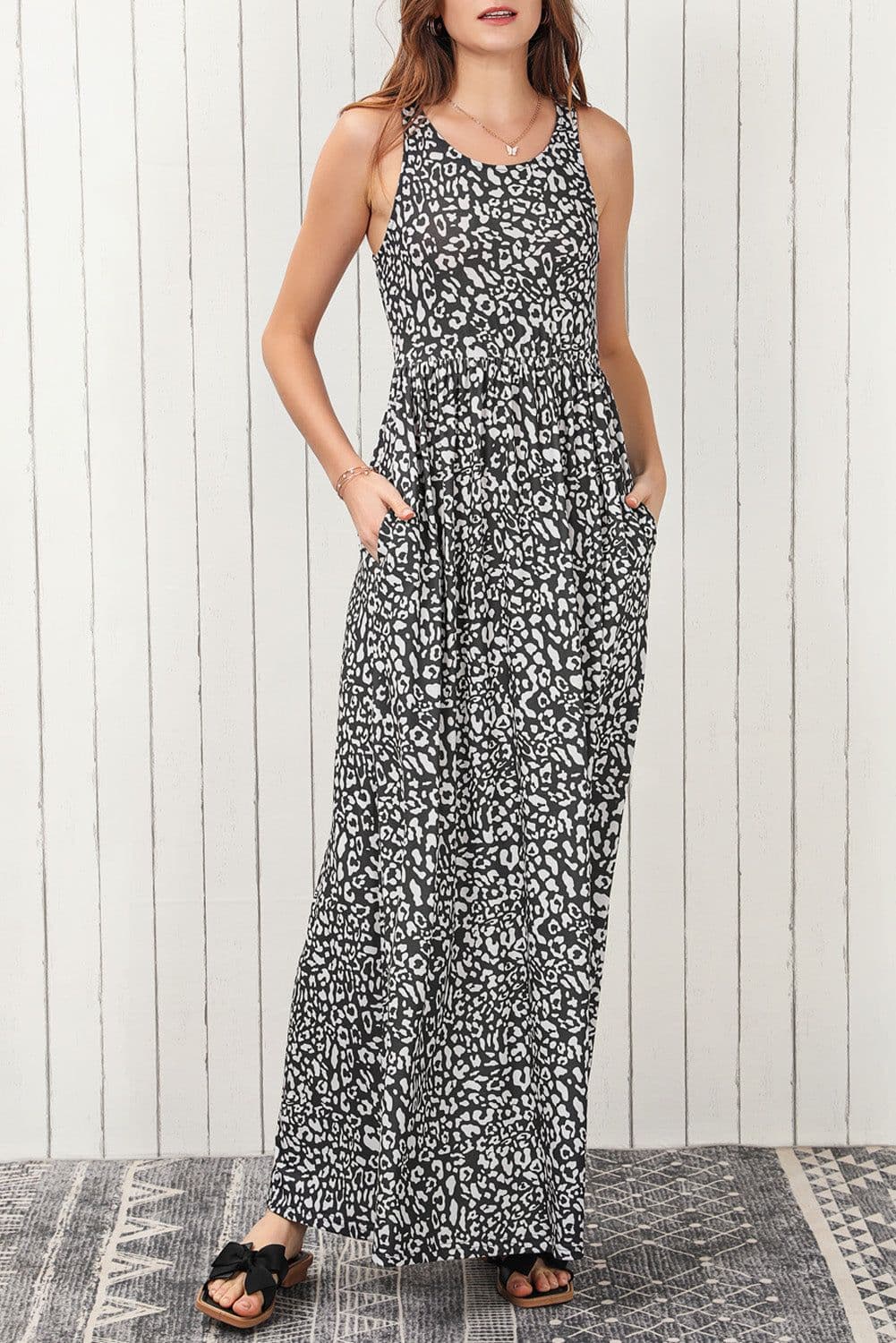 image-Pink Leopard Print Pocketed Sleeveless Maxi Dress