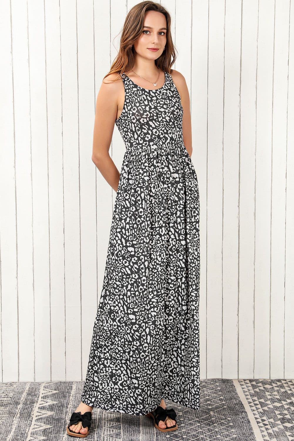 image-Pink Leopard Print Pocketed Sleeveless Maxi Dress