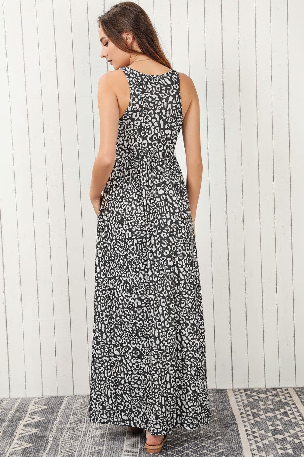 image-Pink Leopard Print Pocketed Sleeveless Maxi Dress