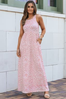 image-Pink Leopard Print Pocketed Sleeveless Maxi Dress