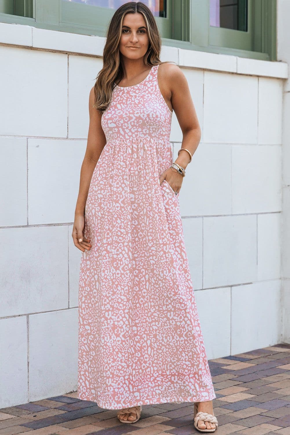 image-Pink Leopard Print Pocketed Sleeveless Maxi Dress