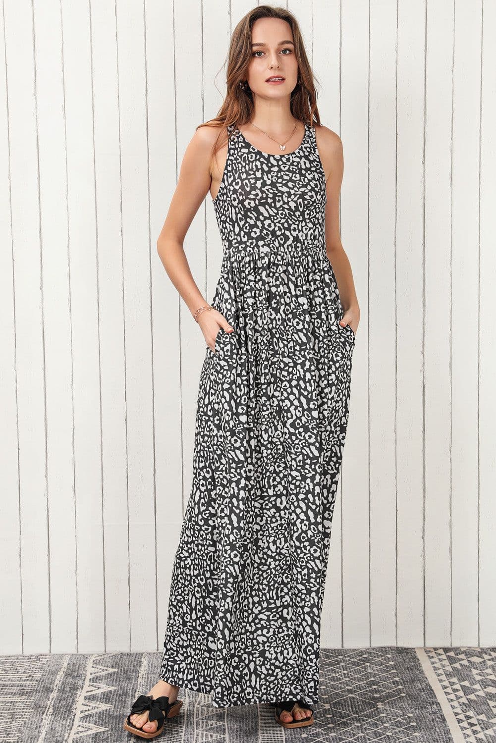 image-Pink Leopard Print Pocketed Sleeveless Maxi Dress