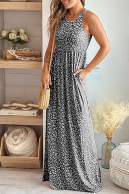 image-Pink Leopard Print Pocketed Sleeveless Maxi Dress