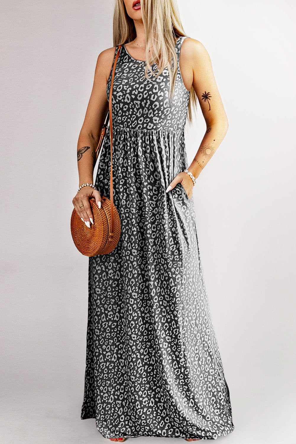 image-Pink Leopard Print Pocketed Sleeveless Maxi Dress