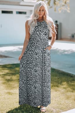 image-Pink Leopard Print Pocketed Sleeveless Maxi Dress