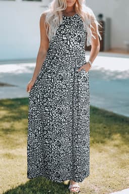 image-Pink Leopard Print Pocketed Sleeveless Maxi Dress