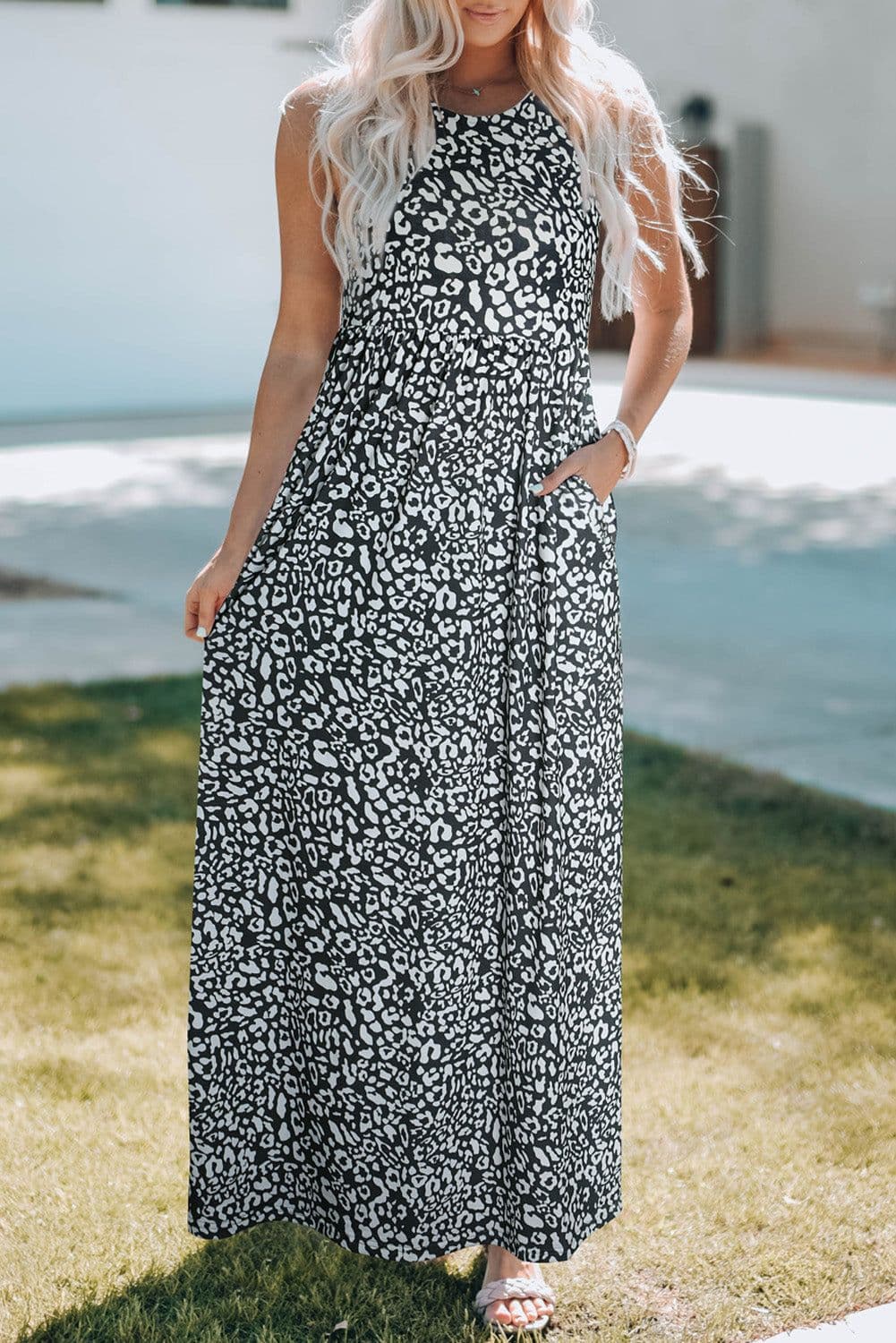 image-Pink Leopard Print Pocketed Sleeveless Maxi Dress