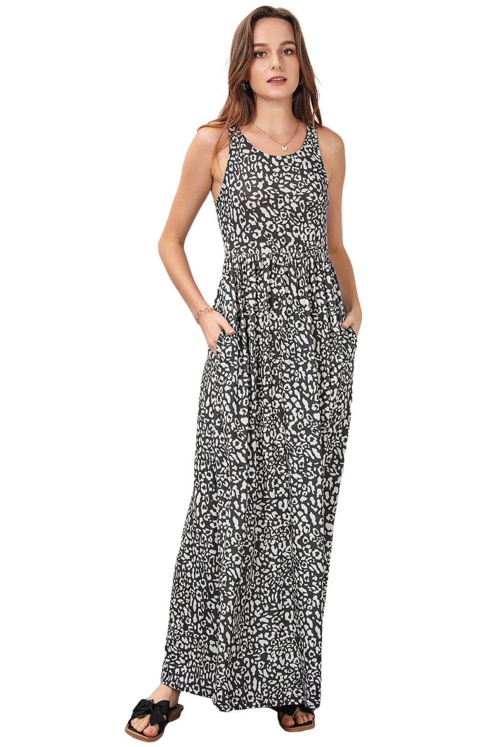 image-Pink Leopard Print Pocketed Sleeveless Maxi Dress