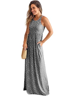 image-Pink Leopard Print Pocketed Sleeveless Maxi Dress