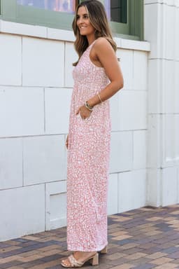image-Pink Leopard Print Pocketed Sleeveless Maxi Dress