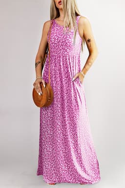 image-Pink Leopard Print Pocketed Sleeveless Maxi Dress