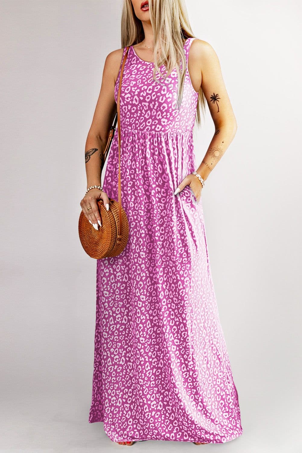 image-Pink Leopard Print Pocketed Sleeveless Maxi Dress
