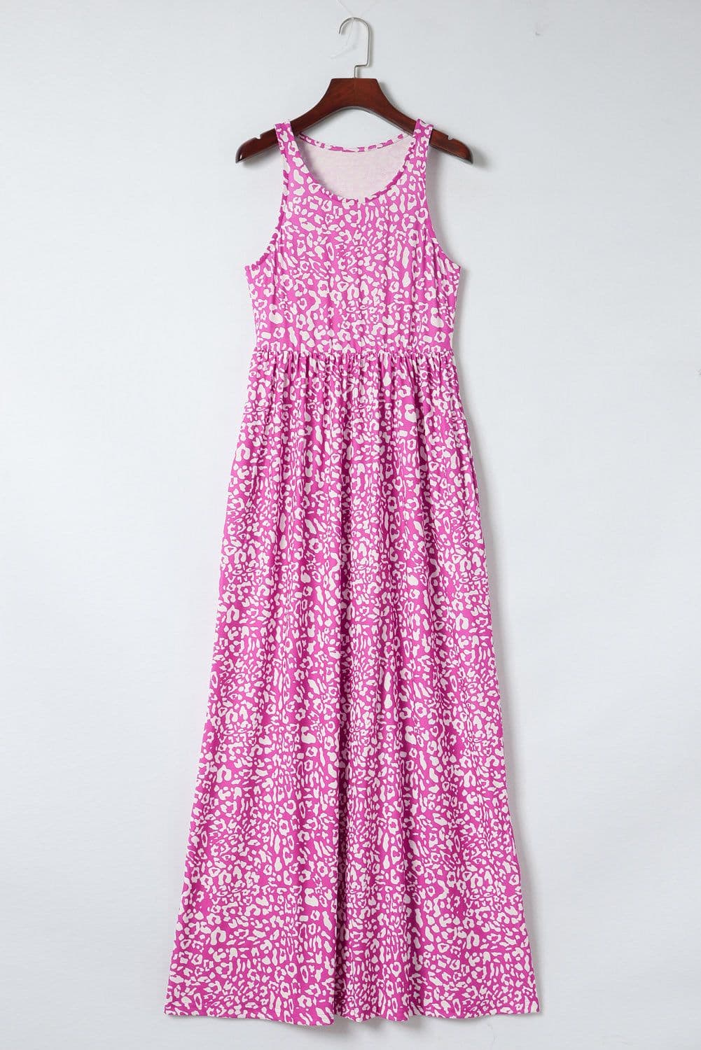 image-Pink Leopard Print Pocketed Sleeveless Maxi Dress