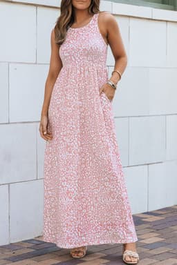 image-Pink Leopard Print Pocketed Sleeveless Maxi Dress