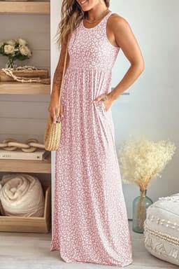 image-Pink Leopard Print Pocketed Sleeveless Maxi Dress