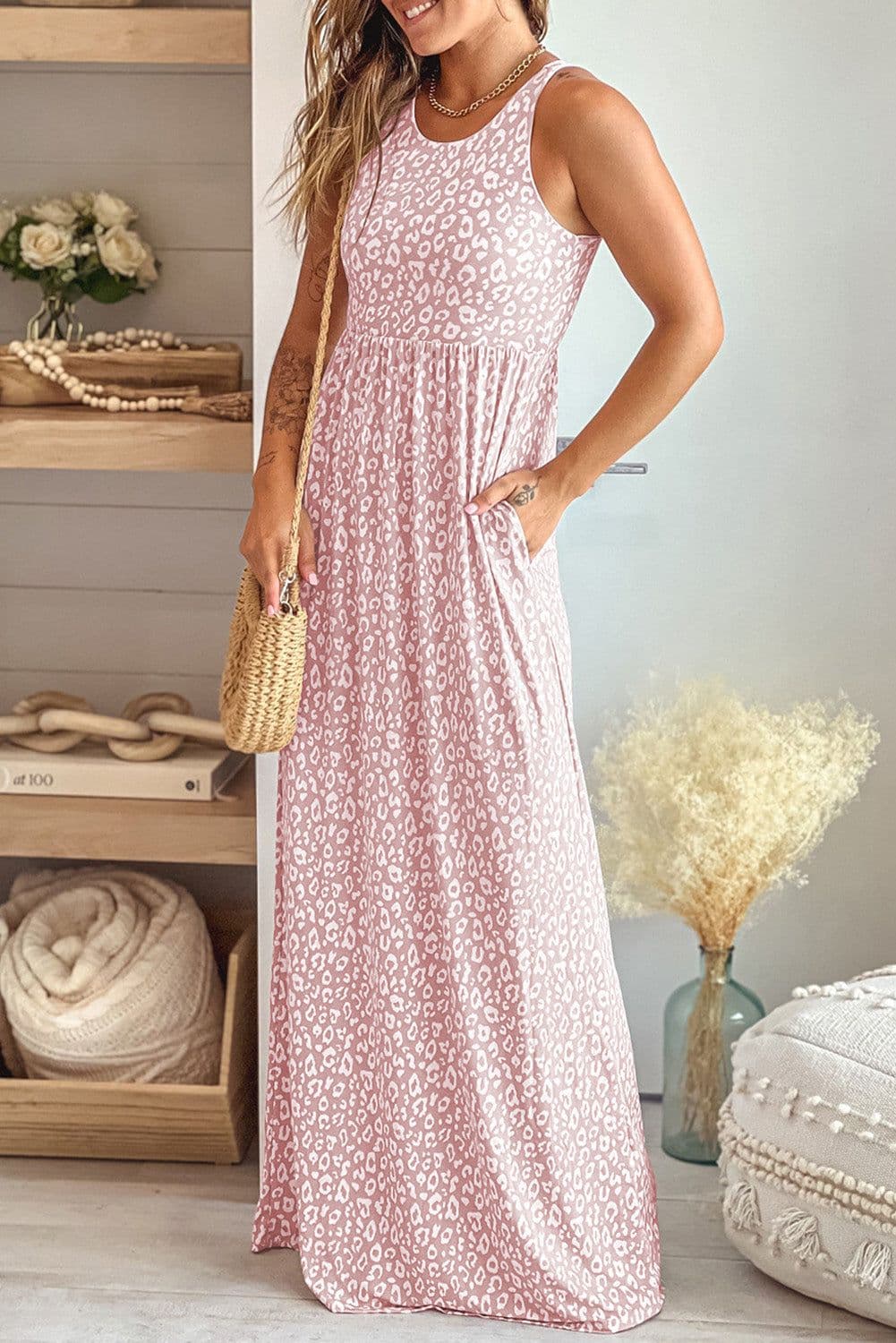 image-Pink Leopard Print Pocketed Sleeveless Maxi Dress