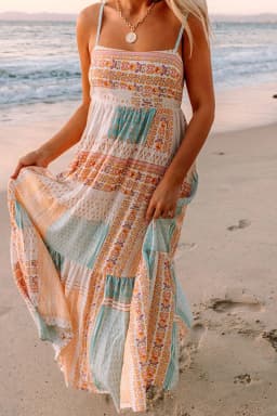 image-Multicolor Boho Patchwork Print Square Neck Sundress